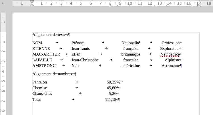 aperçu d'un alignement avec tabulations