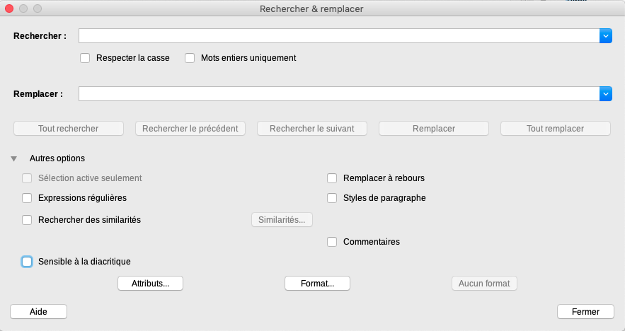 Vue de l'outil de recherche avec options visibles