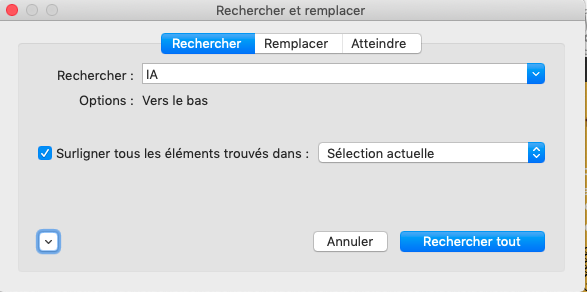 Vue de l'outil de recherche avec options cachées