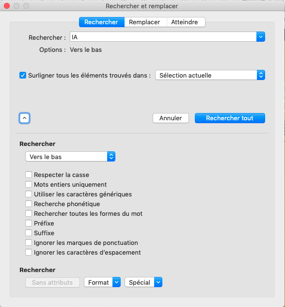 Vue de l'outil de recherche avec options visibles