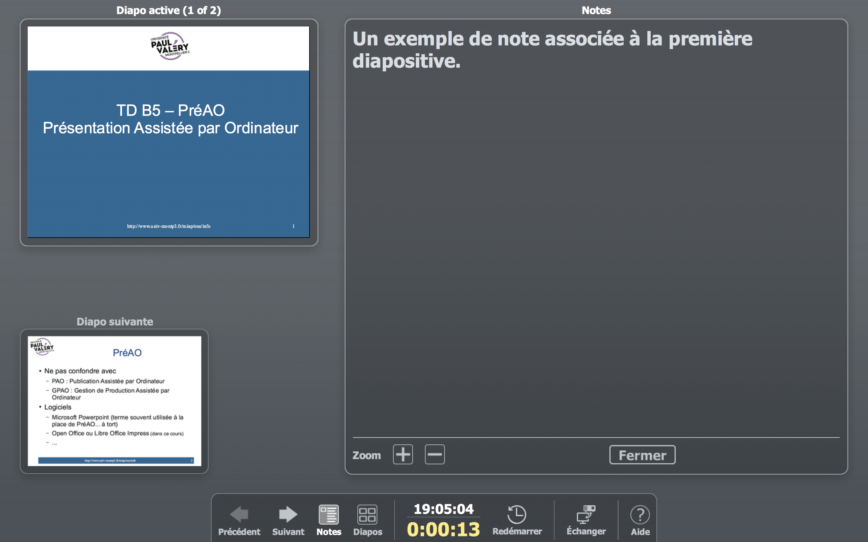 vue présentateur avec notes